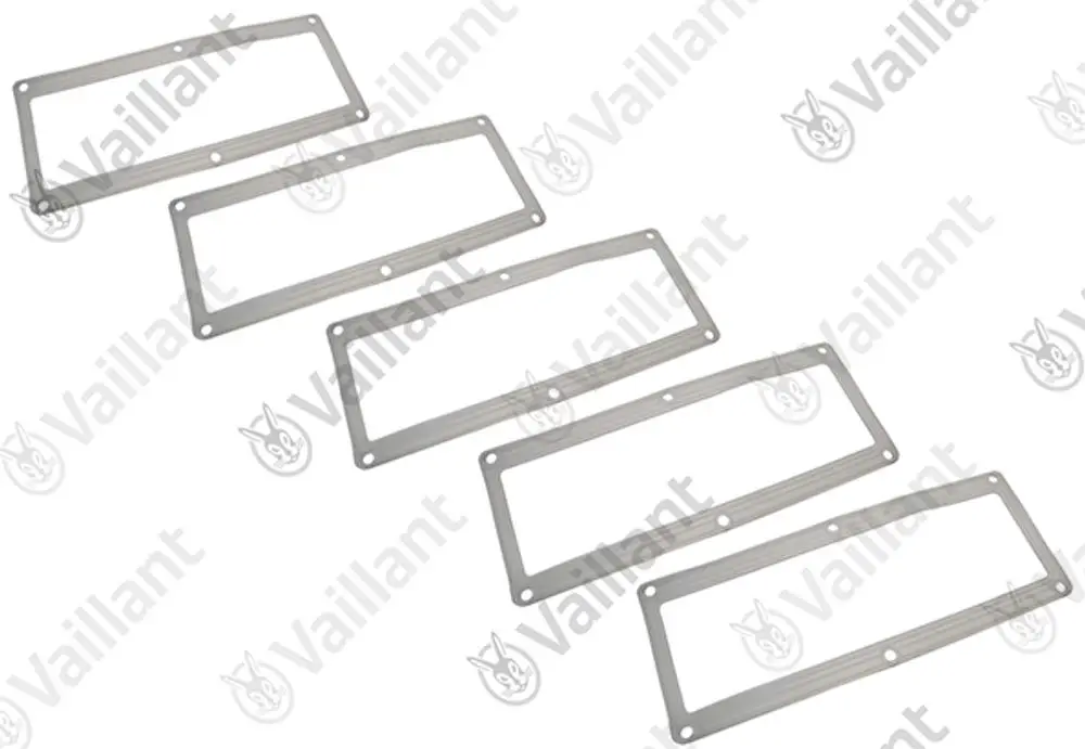 Fünf Vaillant-Dichtungen, rechteckig mit Öffnungen zur Befestigung. Sie sind aus einem metallischen Material gefertigt und in einer flachen Anordnung dargestellt.